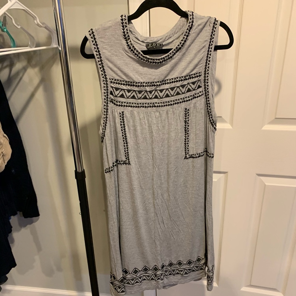 POL Sleeveless Embroidered Gray Shift Dress